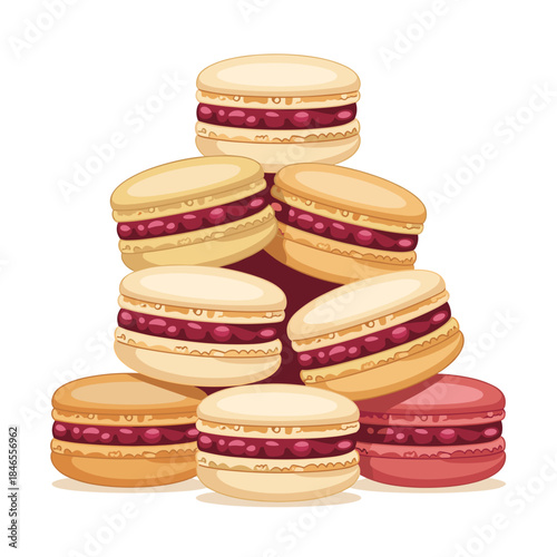 Macaron tower vector with vibrant cranberry filling on white background – Perfect for sophisticated patisserie promotion, holiday dessert displays, or vector assets.