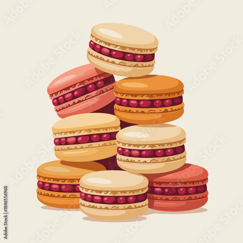 Elegant macaron pyramid vector with cranberry filling, autumn colors – Ideal for bakery branding, wedding planners, or Thanksgiving invitations.