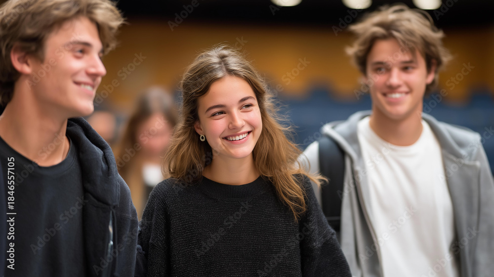 Obraz premium Students leaving a lecture hall together, animated conversation and laughter capturing the social dimension of university life and learning. cinematic color correction, natural uneven lighting yet