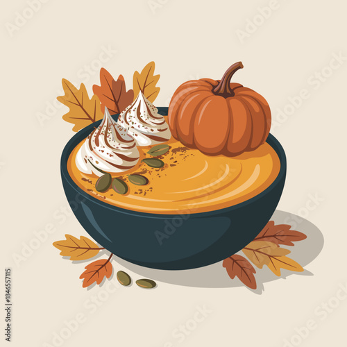 Festive Vector Pumpkin Smoothie Bowl with Garnish – Great for holiday cooking shows, seasonal app interfaces, or digital prints.