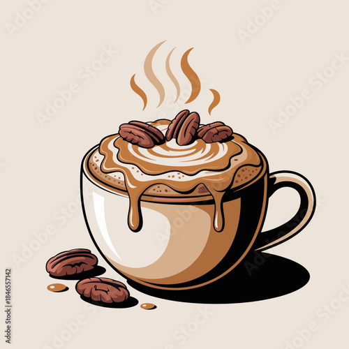 Creamy Caramel Pecan Latte Vector in Mug – Suitable for holiday baking content, seasonal marketing, or restaurant menus.