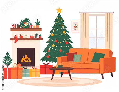 A cozy living room decorated for Christmas with a tree, fireplace, sofa, and presents.