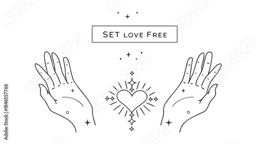 Two hands opening like wings with a heart in the middle and stars, mystical and magical