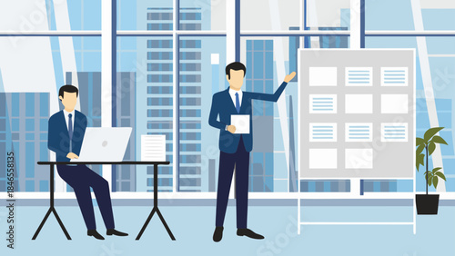 Two businessmen working together in modern office with city view