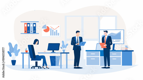 Successful business people sitting at a table in a modern office room during a meeting with a 3d vector illustration of a success chart and graph