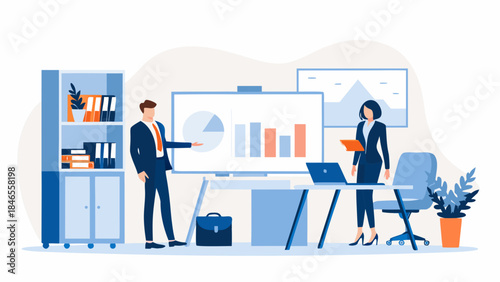 Business professionals analyzing data in modern office setting