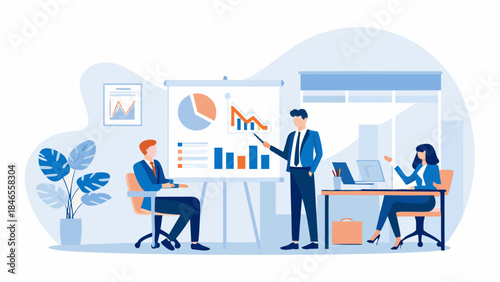 Business team discussing data analysis in modern office setting