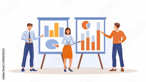 Business team analyzing data on charts and graphs together