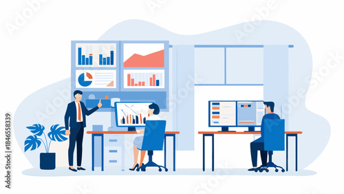 Business team analyzing data in modern office setting