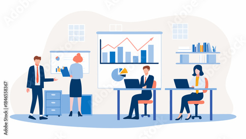 Business team collaborating in modern office with data analysis