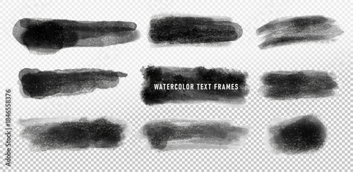 Watercolor hand drawn backgrounds vector set. Black color watercolour texture with aquarelle stains. Painted horizontal rectangle templates. Watercolor text frames isolated on transparent background.