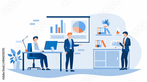 Businessmen working together in modern office space with data presentation