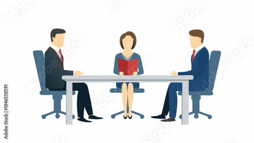 Business professionals in a meeting with a woman reading a document