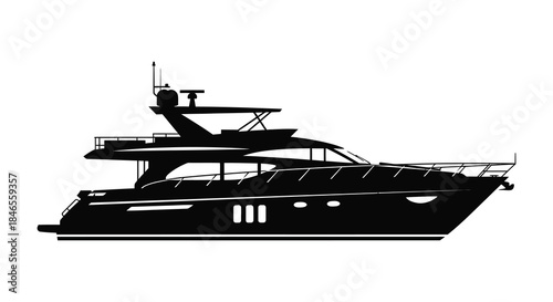 A sleek black and white depiction of a modern luxury yacht at sea silhouette