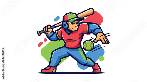 Illustration of a baseball player swinging a bat with a ball in a dynamic pose against a colorful abstract background.