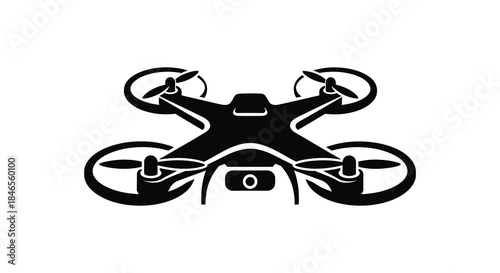 A modern quadcopter drone design featuring four rotors and a camera in black silhouette