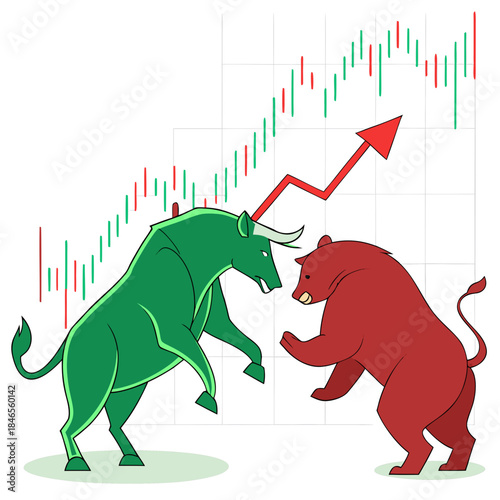 Green bull and red bear colliding in front of 3d stock chart