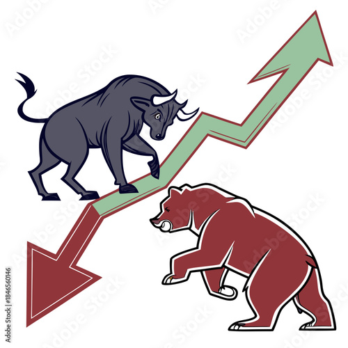 Bull pushing upward green arrow while bear pulling downward red arrow