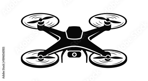 A black quadcopter drone with four rotors is displayed in a striking silhouette