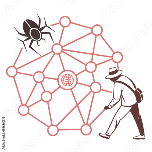 Man in hat examines network of red glowing lines with spider and globe