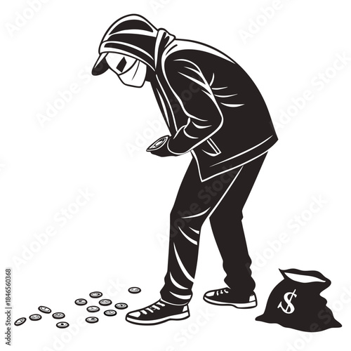 Silhouette using fake identity mask with coins scattered around money bag