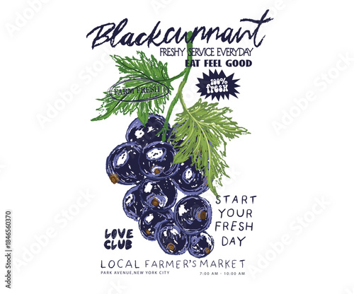 Fresh farmers market design. Blackcurrant artwork for t shirt print, poster, sticker and other uses.