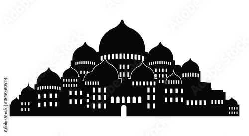 intricate black silhouette of an ornate palace with many domes and detailed architecture silhouette