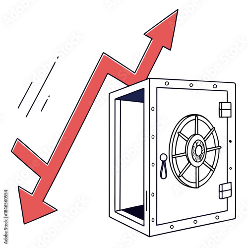 Red arrow breaking through safe vault door downward