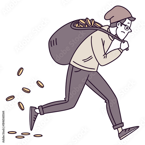 Man running with overflowing sack of gold coins escaping