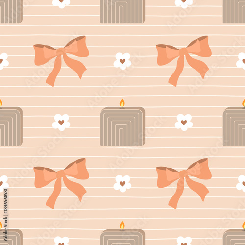 Lovely seamless pattern with candle, heart, flower on soft beige background. Ideal for Valentine decor, stationery and packaging