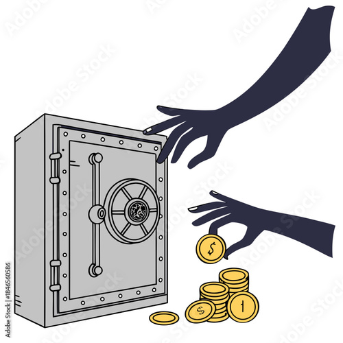 Shadowed hands grabbing coins from safe vault money