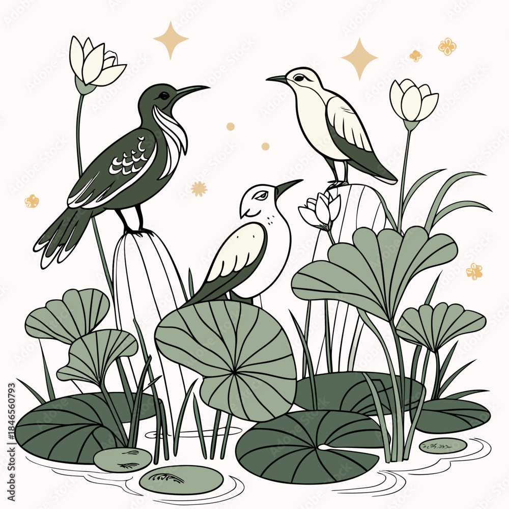 Obraz premium Three birds sitting on lily pads and plants in water