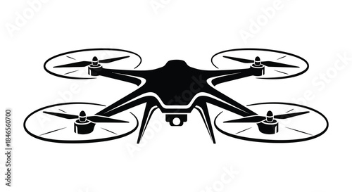 A sleek black quadcopter drone with four rotors is prominently displayed a striking silhouette