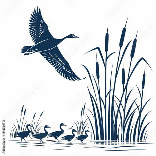 Dark blue bird flying over water with flock near cattails