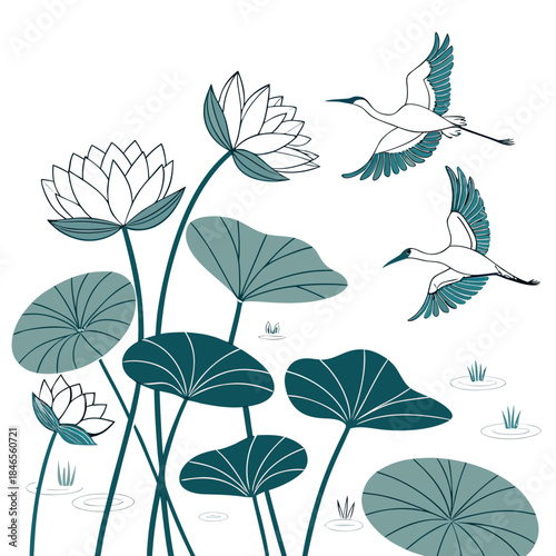White and green birds flying over large round lotus flowers and lily pads