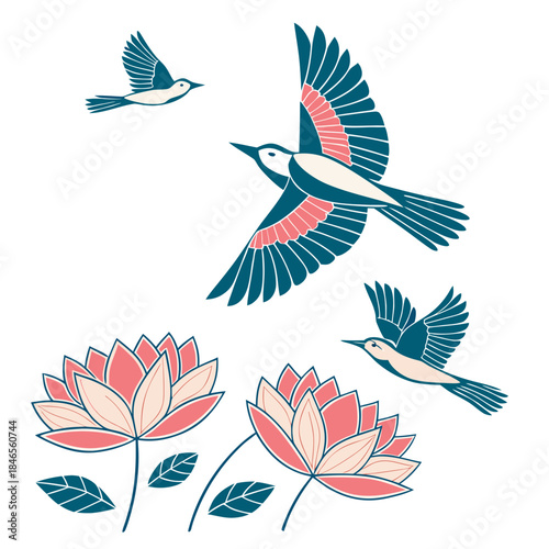 Birds flying upward with lotus flowers flying birds