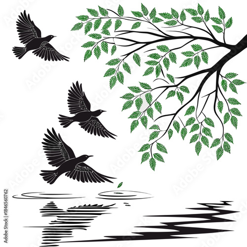 Black birds swooping down toward green leafed tree and water
