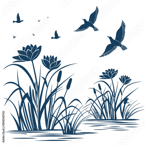 Dark blue silhouette of birds flying over water plants