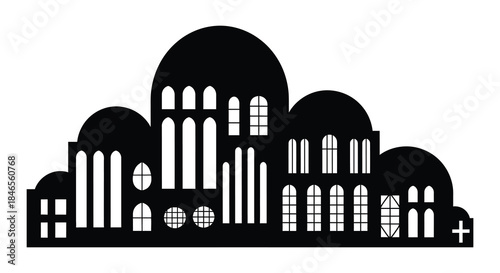An intricate black silhouette of a detailed building with domes and many windows silhouette
