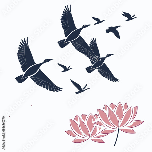 Dark blue birds flying upward with pink lotus flower