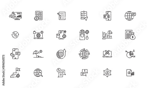 Minimalist financial and business symbols expressing digital commerce and economic growth in workspace mockup icon set