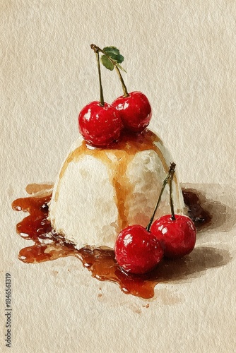 Vintage watercolor illustration of panna cotta dessert with cherries and caramel sauce, hand painted sweet treat on textured antique paper background