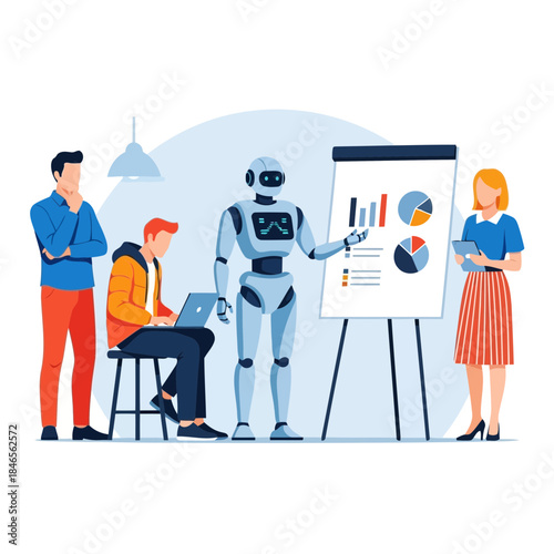 Team of diverse professionals and robot analyzing data on a chart during a business meeting
