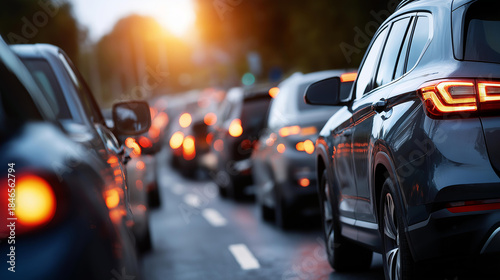 Cars stuck in traffic jam, vehicular congestion, road gridlock, rush hour standstill, transportation delay, multiple vehicles queued, highway backup visualization, with copy space