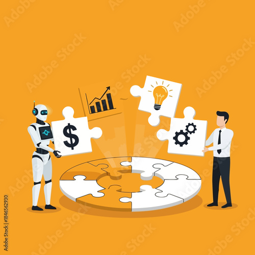 Illustration of a robot and a businessman working together on a puzzle with symbols of a dollar sign, light bulb, gear, and bar chart