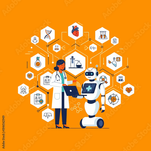 Scientist and robot working together with medical technology icons in a futuristic healthcare concept
