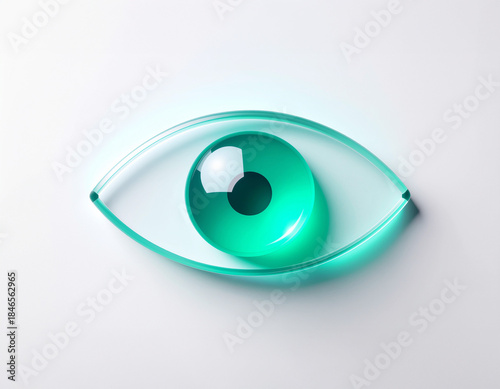 Translucent turquoise 3D eye with glossy illuminated iris and pupil on white background, symbolizing vision, awareness, AI, surveillance, and futuristic visual technology.