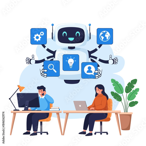 Two people working on laptops with a friendly robot offering assistance, representing technology and teamwork