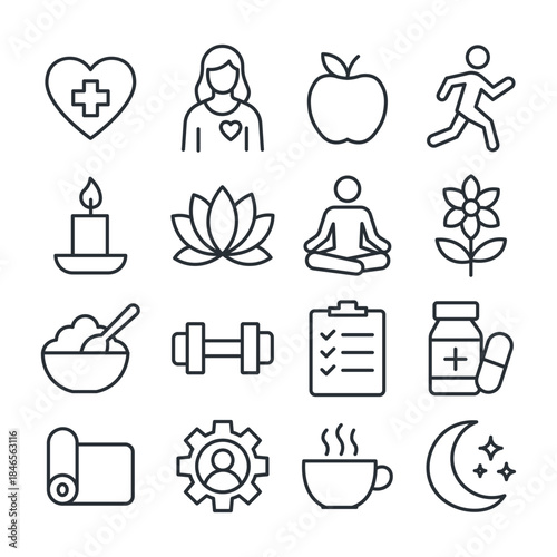 Wellness Icon Set. Health, fitness, mindfulness, relaxation concept. Vector illustration.