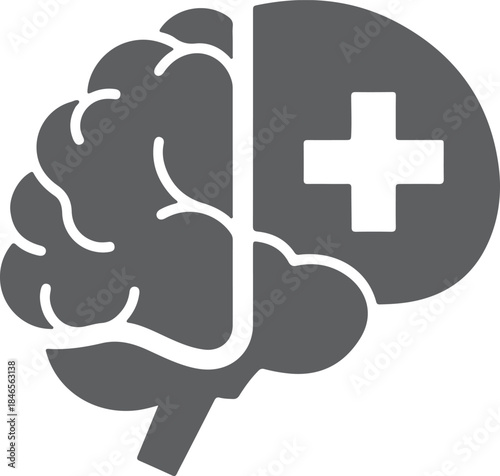 Stylized grey brain divided with a white medical cross on the right hemisphere for mental health awareness